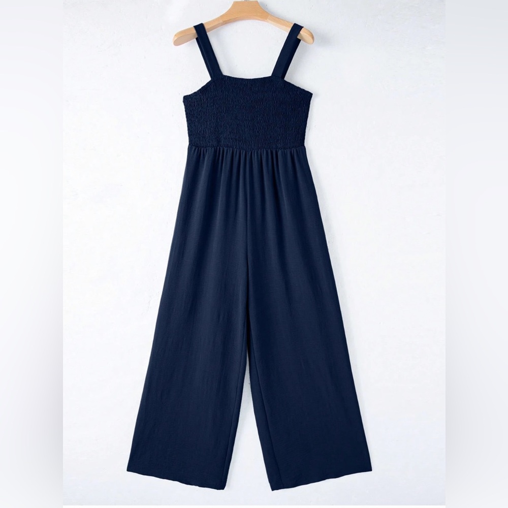 Shirred Navy Blue Wide Leg Jumpsuit With Pockets - Picture 9 of 9